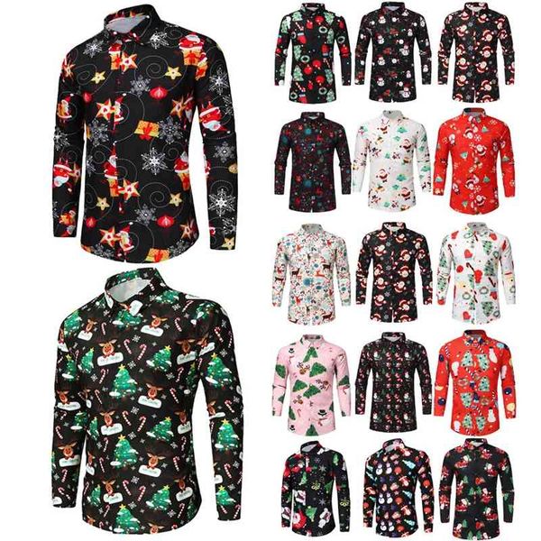 

2021 santa claus printed shirt long sleeve men's casual fashion versatile 18 colors, White;black