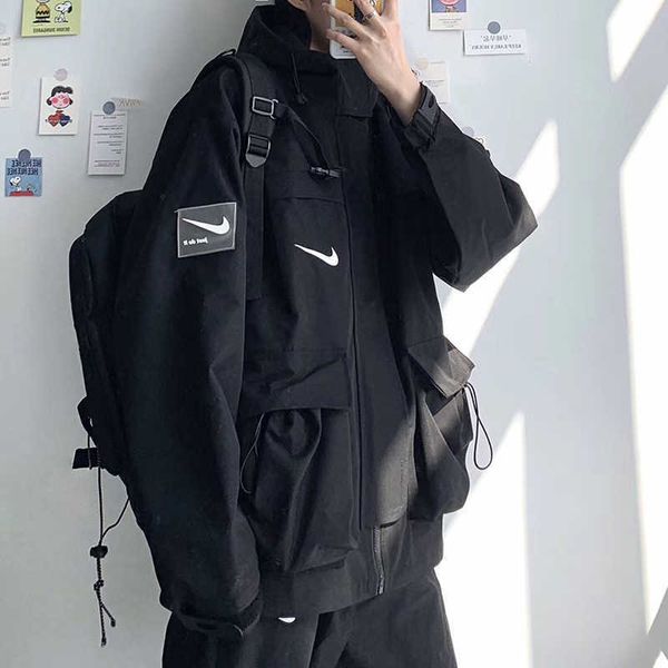 

et men's autumn and winter casual sports windproof women's loose couple hooded work fashion, Black