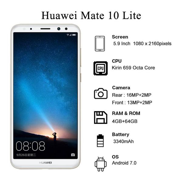 

walkie talkie celular huawei mate 10 lite smartphone 4gb 64gb kirin 659 16mp rear camera 3340 mah mobile phones refurbished