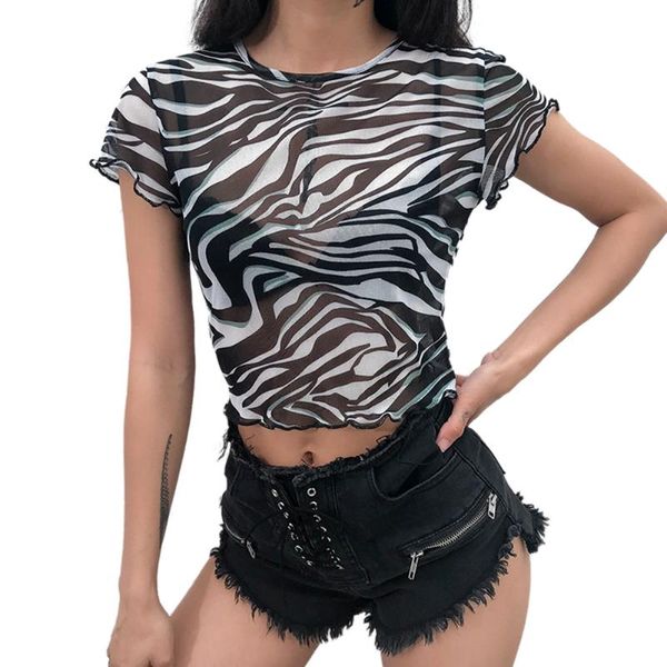 

women's tanks & camis 2021 womens short sleeves striped crop see through t-shirt mesh party club blouse, White