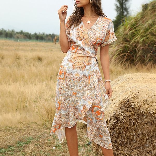 

2021 new women summer casual female v neck floral print bohemian short sleeve fashion party boho beach maxi vestidos q61x, Black;gray