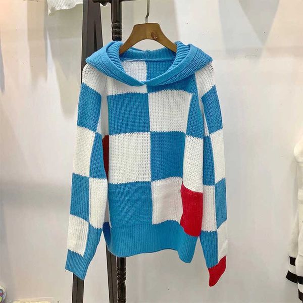 

2021 early autumn lazy style sweater women's design sense of minority lattice knitted pullover hooded folding top, Black