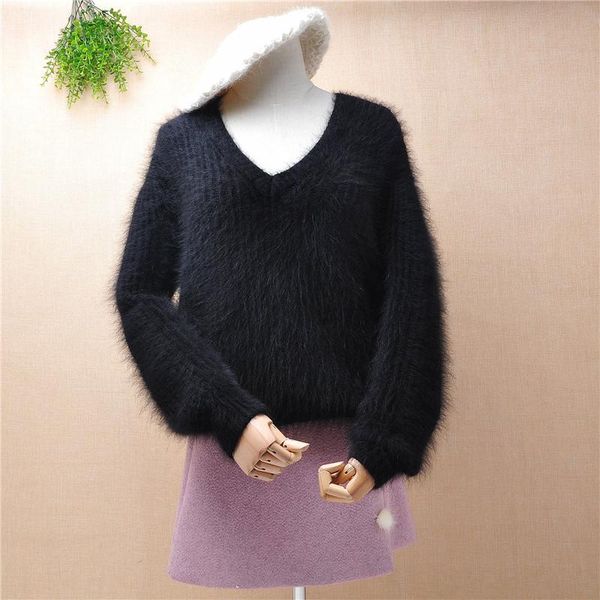 

women's sweaters female women hairy fluffy striped mink cashmere knitted winter thick warm v-neck angora fur loose jumper sweater blo, White;black