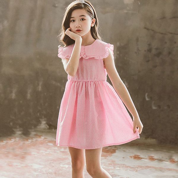 

girls' sleeveless summer claudine collar plaid pink cotton party girl's children's dress 4 6 8 10 12 14y, Red;yellow