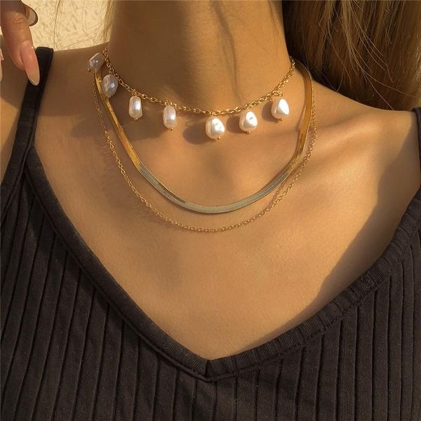 

pendant necklaces trendy gold silver color water drop pearl snake chain necklace for women girl alloy geometric multilayer