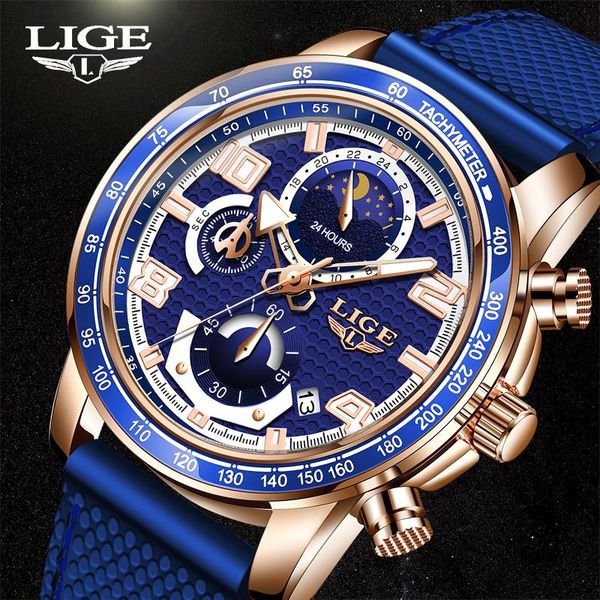 

wristwatches 2021 lige moon phase men watches silicone strap sports waterproof luminous watch relogio masculino+box, Slivery;brown