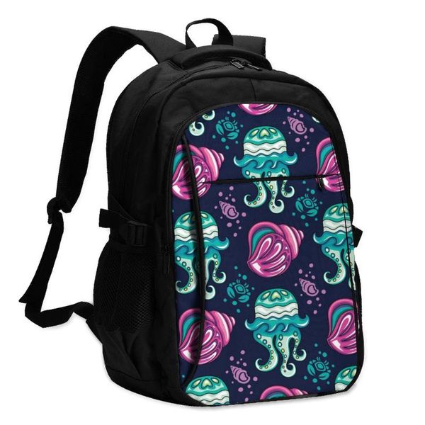 

backpack usb charge women tropical coral reef mollusk shell and ornate jellyfish student letters school bag