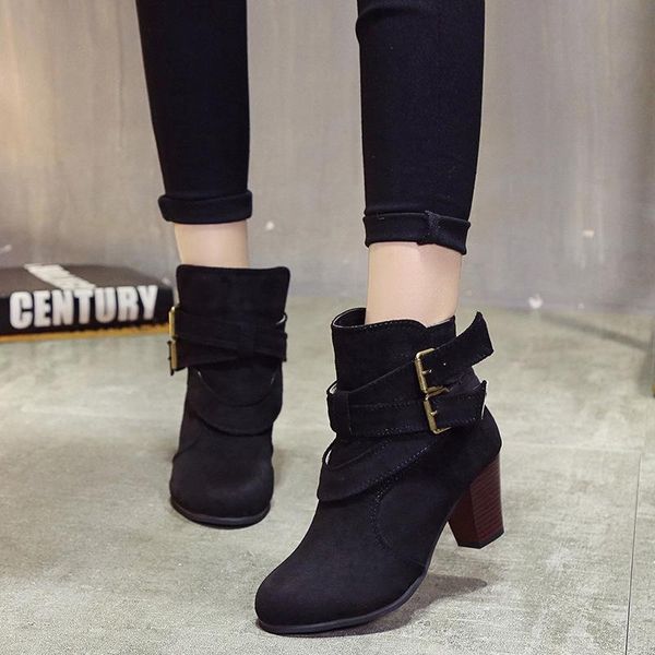 

boots european and american winter suede plus-size waterproof platform round head belt buckle female, Black