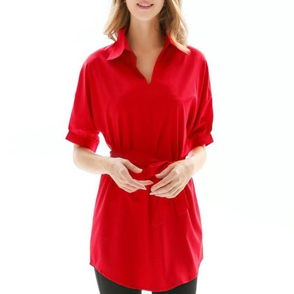 

women's blouses & shirts 2xl shirt dress fashion women solid color v neck half sleeve belt office long mini clothing, White