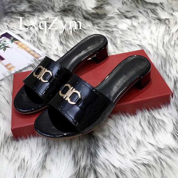 

slippers metal patent leather summer classic brand heel shoes women luxury zapatos mujer slides slip on open toe sandals, Black
