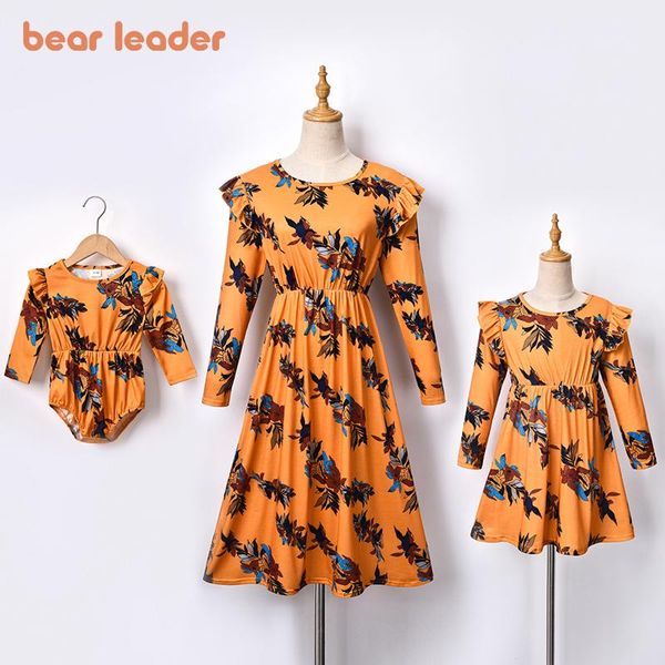 

family matching outfits bear leader women mommy and me daughter flowers clothes full sleeve dress spring autumn casual costumes, Blue