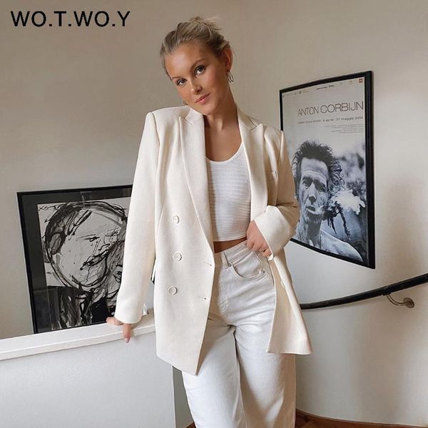 

wotwoy 2021 solid office lady blazers women autumn white double breasted coats female formal long sleeve jacket woman pockets, White;black