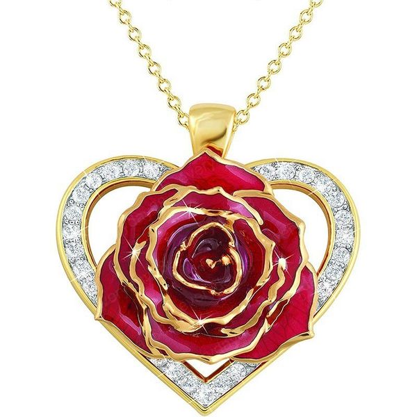 

rose flower pendant necklace for women ladies luxurious rhinestone hollow heart gold color necklace party jewelry gift, Silver