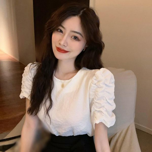 

round neck pleated shirt female short sleeve french design sense niche top, White