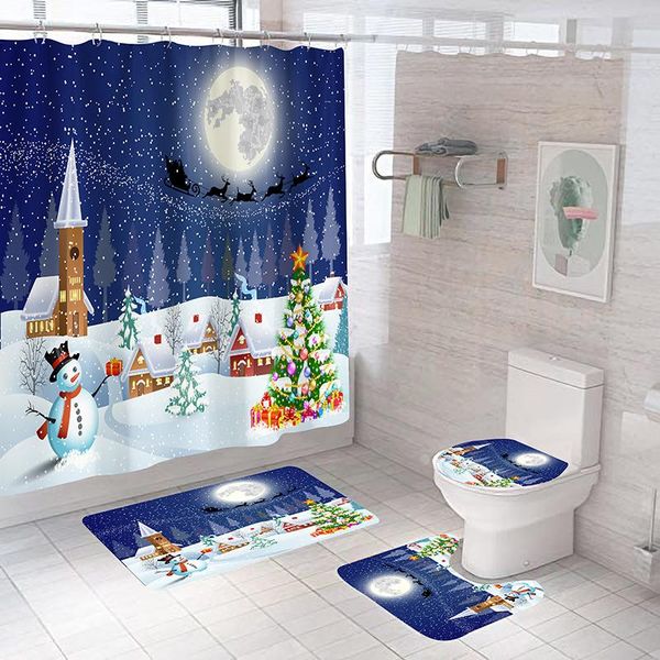 

shower curtain 4 pcs polyester fabric christmas tree snowman snowflake bathroom mat soft rug toilet cover bath pad set