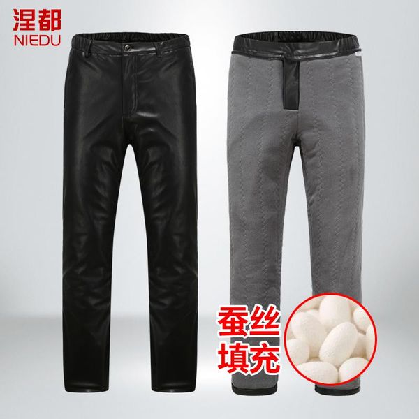 

men winter trousers men's sports outdoor loose plus velvet pu motorcycle middle-aged father warm leather pants, Black