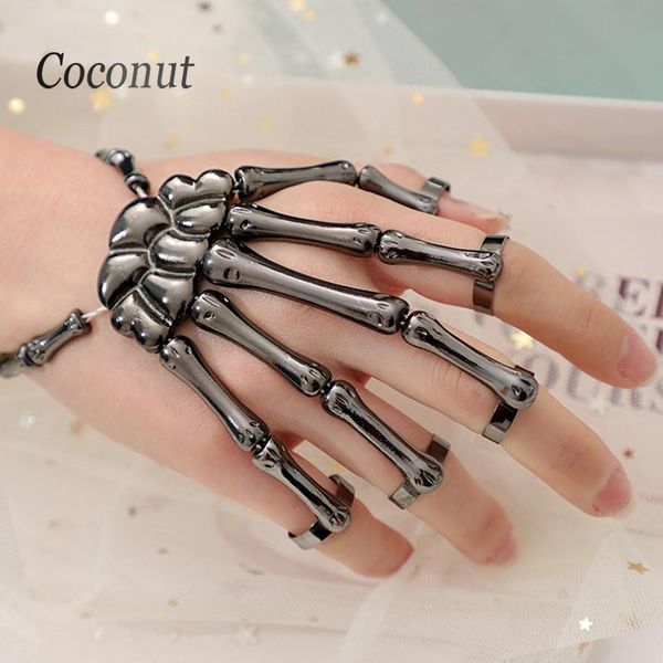 

link, chain steam punk bracelets for women gothic skeleton skull finger bracelet elasticity adjustable hand bones couple men bangles jewelry, Black