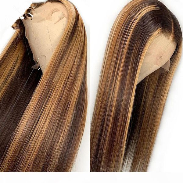 

hd transparent colored human hair wigs pre plucked t part lace front human hair wigs ombre highlight frontal wig for black women 150%, Black;brown