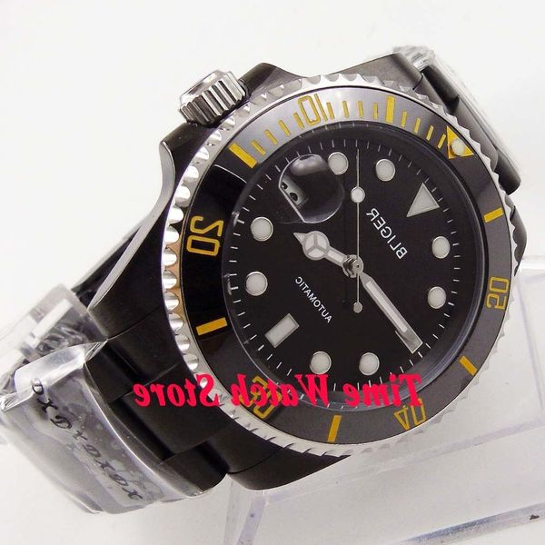 

bliger 40mm miyota 8215 pvd coated automatic watch for men sapphire glass black dial date luminous ceramic bezel cyclops, Slivery;brown