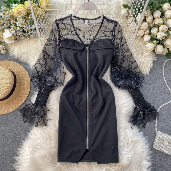 

casual dresses 2021 spring autumn office lady elegant long sleeve party dress women black sequined empire short h50, Black;gray