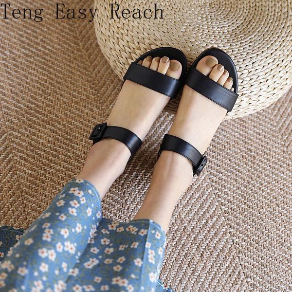 

new 2021 ladies summer sandals for girls women flats synthetic leather buckle strap peep toe shallow sandals casual shoes, Black