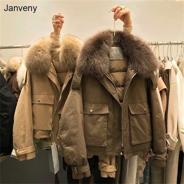 

janveny real fur women's down jacket short loose 90% white duck coat fashion female big pocket puffer snow outwear 210927, Black