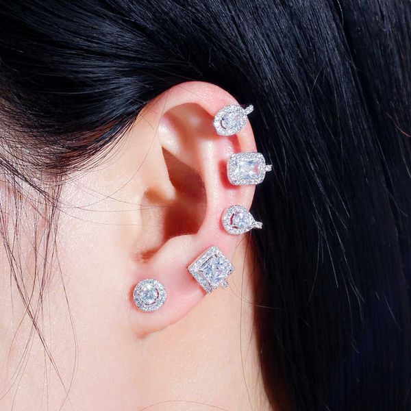 

asymmetrical shiny white cubic zirconia long ear stud climber earrings for women unique designer brand jewelry cz724 210714, Golden;silver