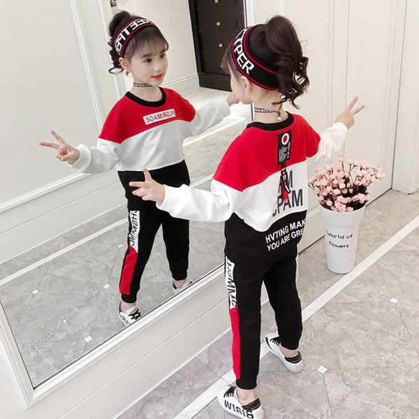 

3-12 years old clothing set 2020 new spring autumn kids girls sports fashion o-neck t-shirt 2 piece red and pink suit, White