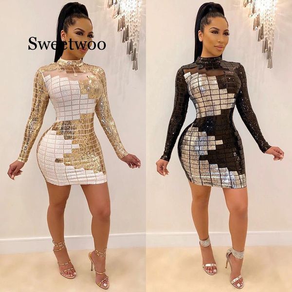 

casual dresses sweetwoo spring 2021 cube sequin dress europe and america women's long sleeve net gauze white black mini, Black;gray