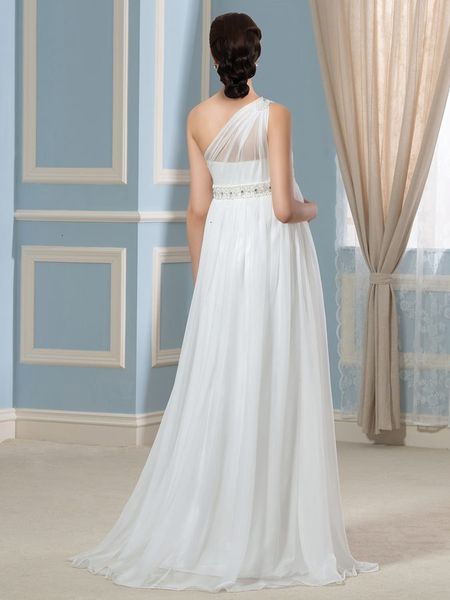 

new empire 2021 waist one-shoulder beaded pregnant wedding chiffon bride gown vestido noiva robe de mariee 6nzd, White