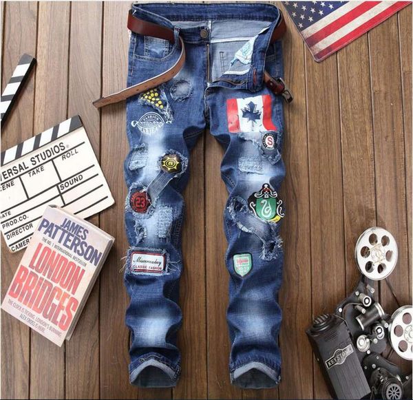 

autumn big size jeans new men's washed print hole jeans denim paint pants casual streight leg jeans size 29-38 cj1806, Blue