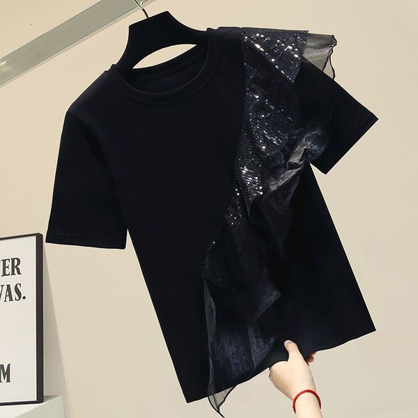 

female spoonless ruffle couture black cotton short skirt girl t-shirt a9nq, White
