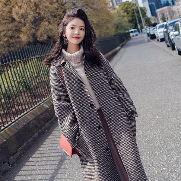 

women's wool & blends fashion plaid coat autumn and winter 2021 korean version of the long section hepburn style woolen trend, Black