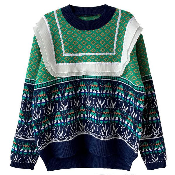 

2021 autumn and winter new fashion lazy sweater women's outer wear hedging loose wild ruffle stitching green knit c110, White;black