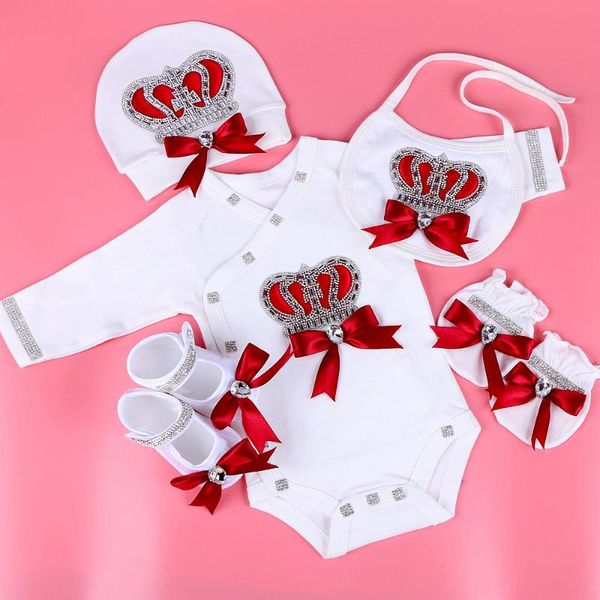 

clothing sets born baby set baby's rhinestone crown 0-3 months hat+bodysuits+gloves+shoes 4 parts boy girl jumpsuit, White