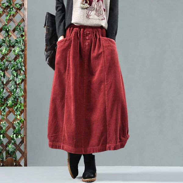 

skirts autumn winter corduroy skirt women vintage midi long female elastic waist a-line pleated big size rh669, Black