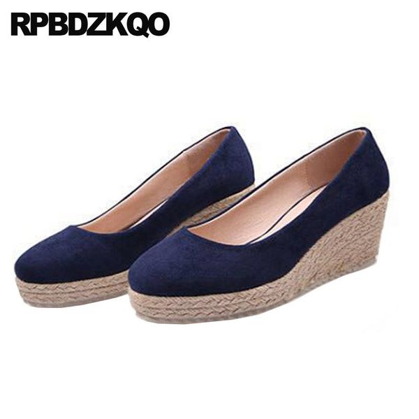

dress shoes blue high heels 2021 big size 3 inch 4 34 black round toe wedge pumps autumn suede casual women slip on footwear
