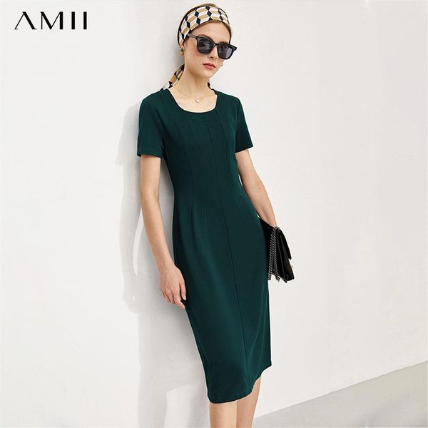 

casual dresses amii minimalism summer for women elegant oneck solid women's maxi slim split vintage dress 12140451, Black;gray