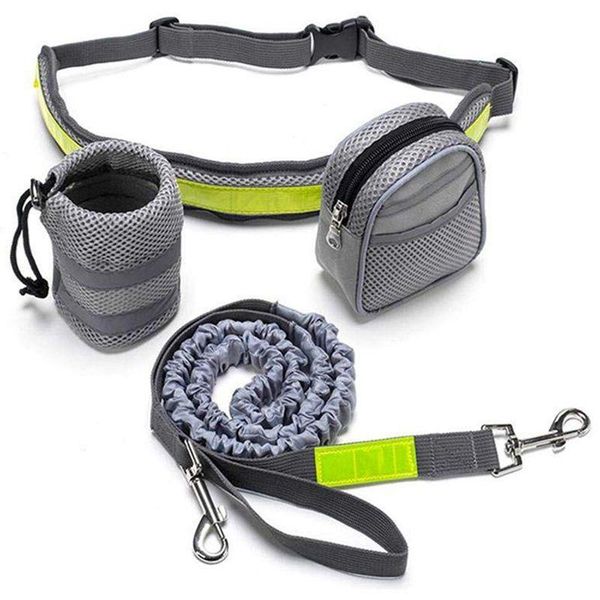 

hand running dog leash, waist dog leash with pouch, adjustable belt lead for running, walking, jogging (gray)