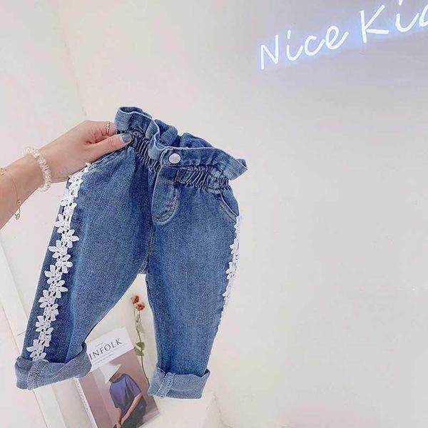

2021 girl autumn lace jeans pant baby kids children denim trousers, Blue