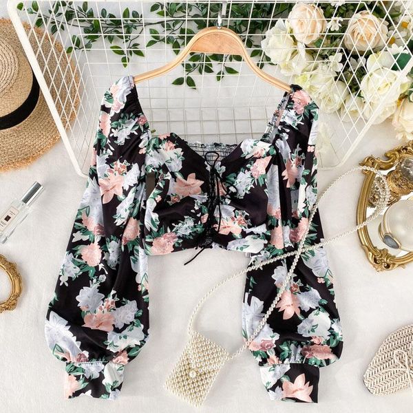 

women's blouses & shirts 2021 korean fashion women cropped summer flower print square neck stretch slim shirt puff long sleeve short b, White