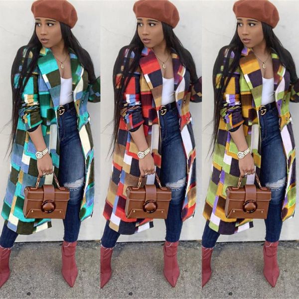 

women's trench coats casual pattern colorful print patchwork cardigan fall winter elegant women fashion lapel collar button long outwe, Tan;black