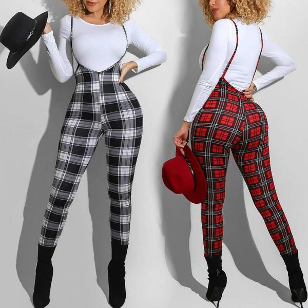 

women's pants & capris 2021 high waist overalls suspender women plaid skinny bodycon pencil club bib trousers female summer fall, Black;white