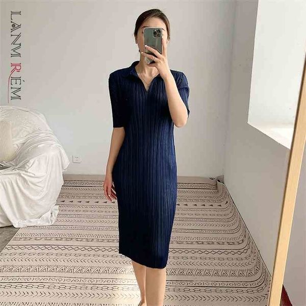 Sommer Marineblaues Kleid für Frauen Revers Kurzarm beiläufige dünne weibliche elegante Streetwear-Kleider 2D3601 210526