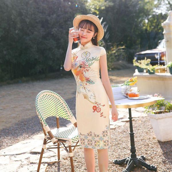 

ethnic clothing female short satin print flower cheongsam chinese traditional dress summer oversize 3xl qipao evenning party vestidos g, Red