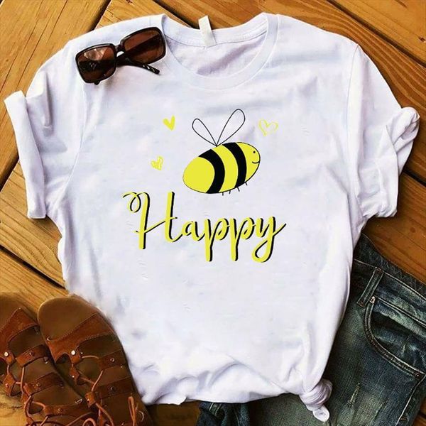 

bee happy printed womens t shirts short sleeve tee clothes graphic, White