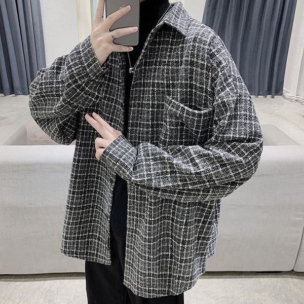 

2021 new men's lattice printing loose coats black/khaki color shirts long sleeves camisa masculina size -2xl jof9, White