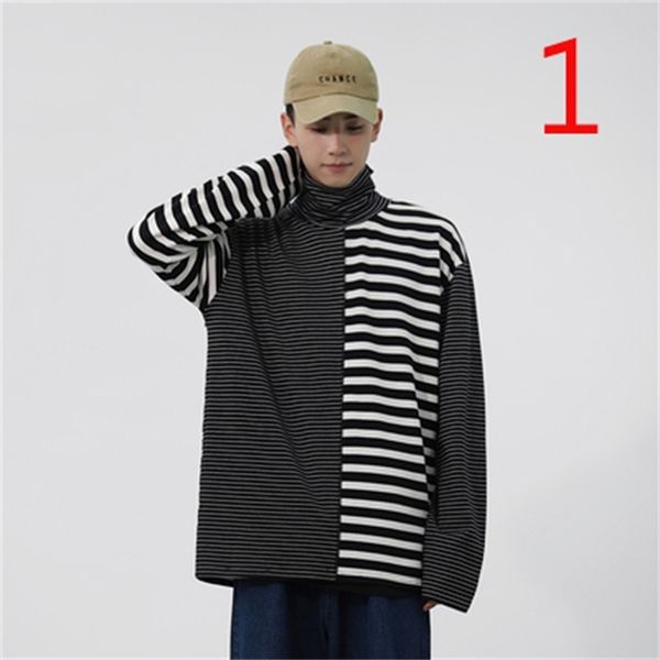 

2021 autumn new personality stripe stitching long-sleeved t-shirt loose trend bottoming shirt men w6bi, White;black