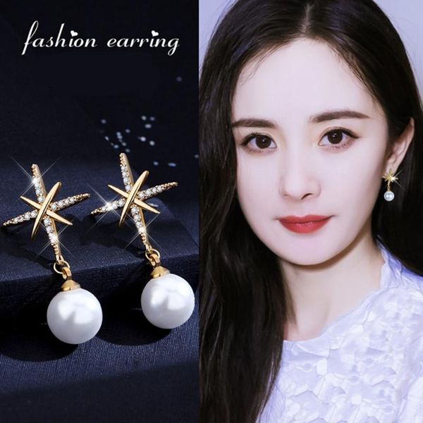 

fashion gold&silver color earrings delicate cubic zirconia simulated pearl crsytal star dangle earring for women boucle femme