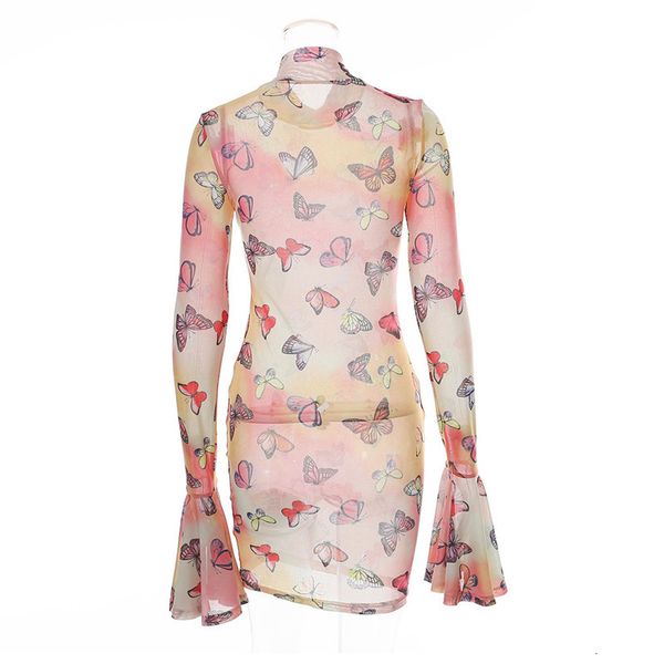 

women party big size summer nightclub butterfly print round neck flared sleeves mesh see-through dress 2ixt, Black;gray